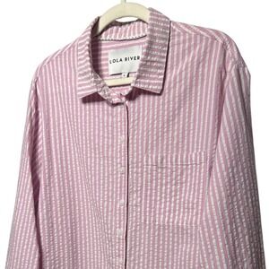 Lola River Pink White Seersucker Striped Button Down Shirt High Low Hem Womens L